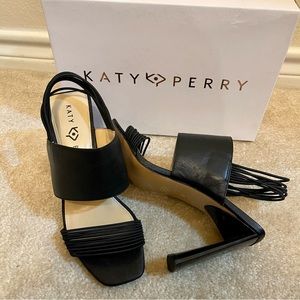 Katy Perry Black Solid Leather The Corry Strappy Stretchy Dress Heel Sandal 8